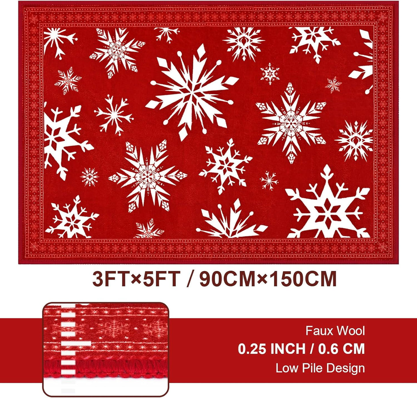 Bleum Cade Christmas Area Rug 3x5 for Living Room, Snowflake Red Washable Rugs Low Pile Non Slip Rug,Winter Soft Faux Wool Throw Carpet for Entryway, Doorway