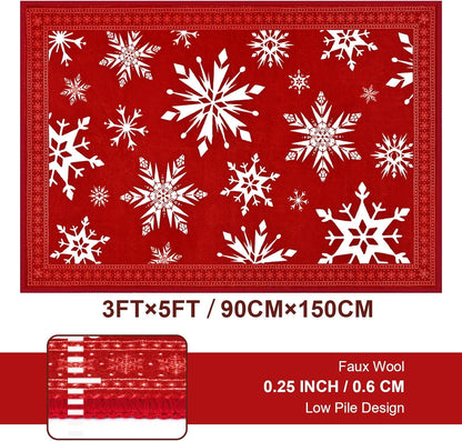 Bleum Cade Christmas Area Rug 3x5 for Living Room, Snowflake Red Washable Rugs Low Pile Non Slip Rug,Winter Soft Faux Wool Throw Carpet for Entryway, Doorway