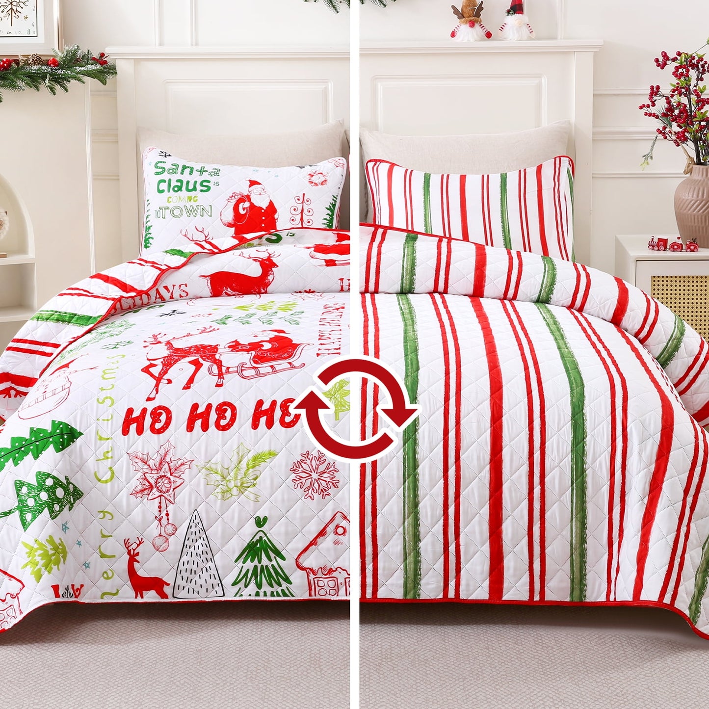 BLEUM CADE Christmas Quilt Sets Queen Size, 3 Pieces Christmas Tree Snowman Bedspread Coverlet Sets,Reversible Lightweight Xmas Coverlet Bedding Quilts Set(1 Quilt, 2 Pillow Shams)