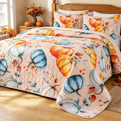 Bleum Cade Fall Quilt Set 3 Pieces King Size, Thanksgiving Blue & Yellow Pumpkins Bedding Set,Soft Lightweight Coverlet Set for King Bed,(Off-white,90"x 104")