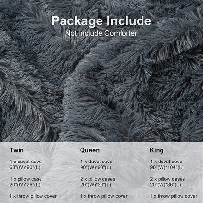 BLEUM CADE Luxury Fluffy Fuzzy King Bedding Comforter Set，4 Pieces Shaggy Duvet Cover Set，Furry Plush Velvet Comforter Cover with Zip Closure，King，Dark Grey