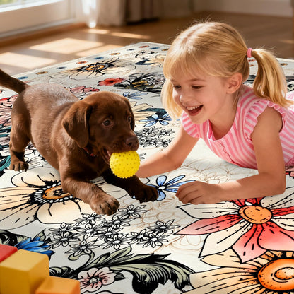 Bleum Cade Floral Area Rugs for Living Room 8x10, Boho Washable Rug, Soft Low Pile Faux Wool Non Slip Indoor Rug Carpet for Bedroom, Dining Room,White