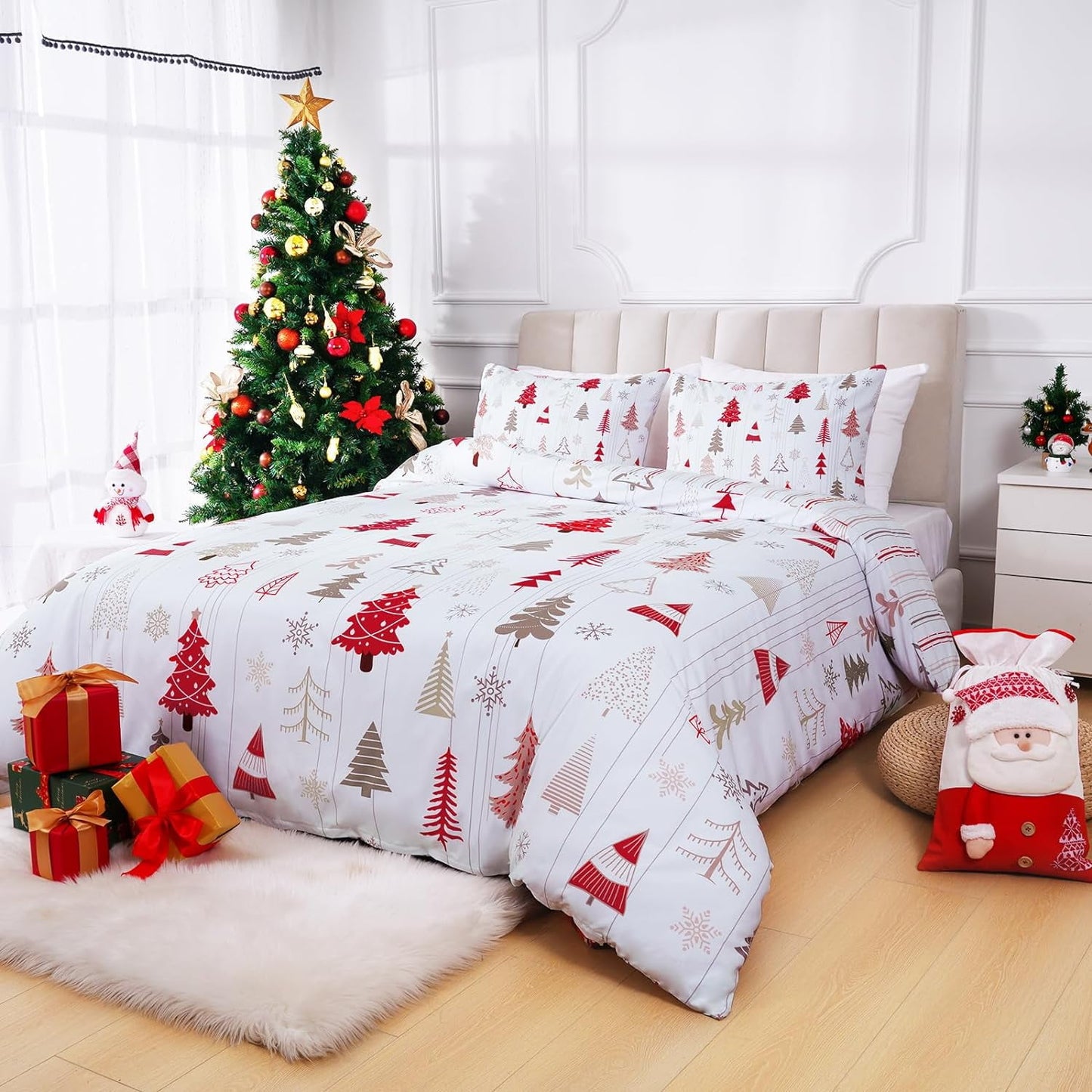 BLEUM CADE Christmas Duvet Cover Set,3 Pieces King Christmas Tree Comforter Cover Set,Striped Bedding Cover Christmas Snowflakes Quilt Cover with Zipper Closure