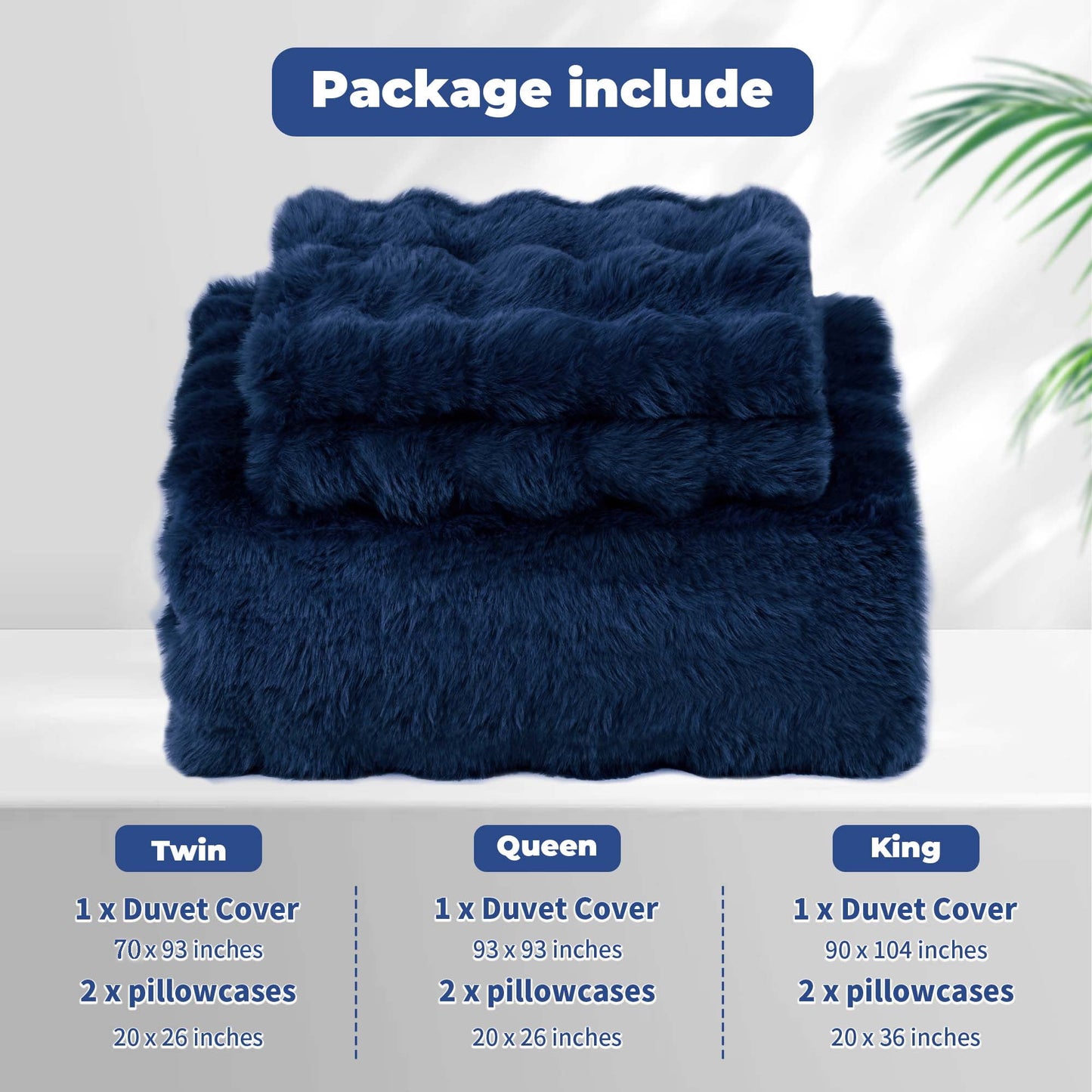 BLEUM CADE Fluffy Duvet Cover Set Twin Size,3 Pieces Soft Shaggy Rabbit Fluff Plush Bedding Comforter Cover Set with 2 Pillowcases,Navy Blue
