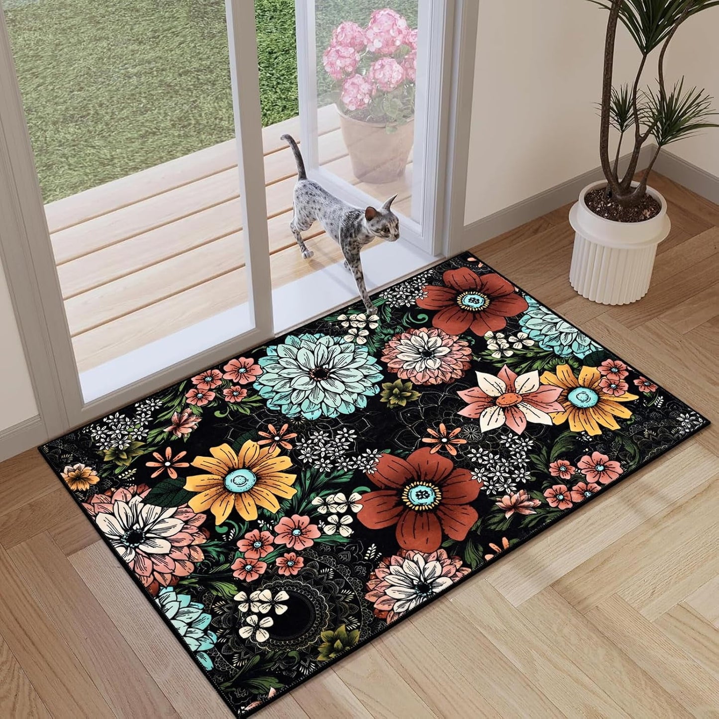 BLEUM CADE Boho Floral Area Rugs 2x3 Entryway Rug,Non Slip Washable Door Mat Outdoor Indoor Welcome Mat for Entrance