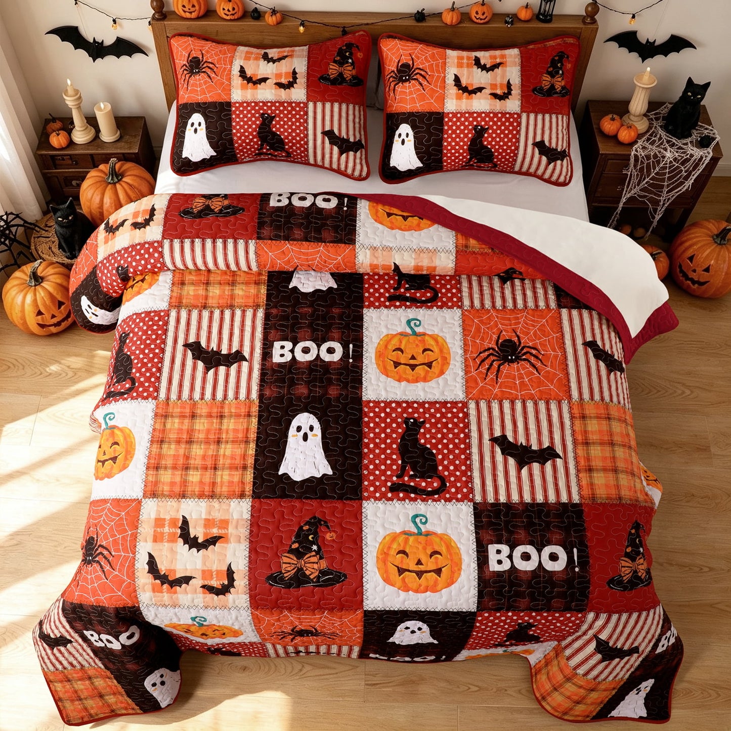Bleum Cade Halloween 3 Pieces Quilt Set,Ghost Pumpkin & Black Cat Patchwork Bedding Set,Soft Lightweight Bedspread Coverlet Set Queen Size(Black & Red,90"x 90")