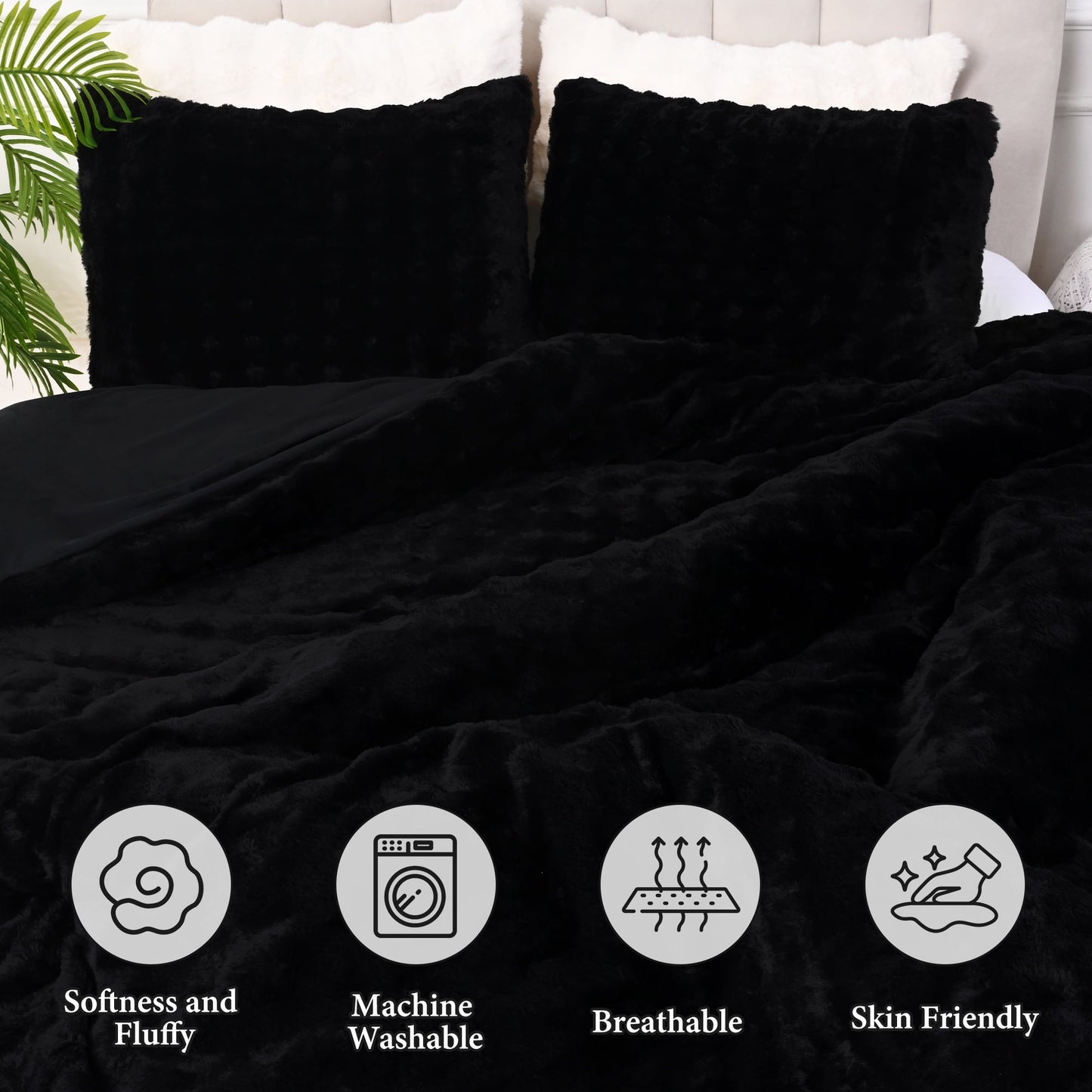 BLEUM CADE Fluffy Duvet Cover Set Twin Size,3 Pieces Soft Shaggy Rabbit Fluff Plush Bedding Comforter Cover Set with 2 Pillowcases,Black