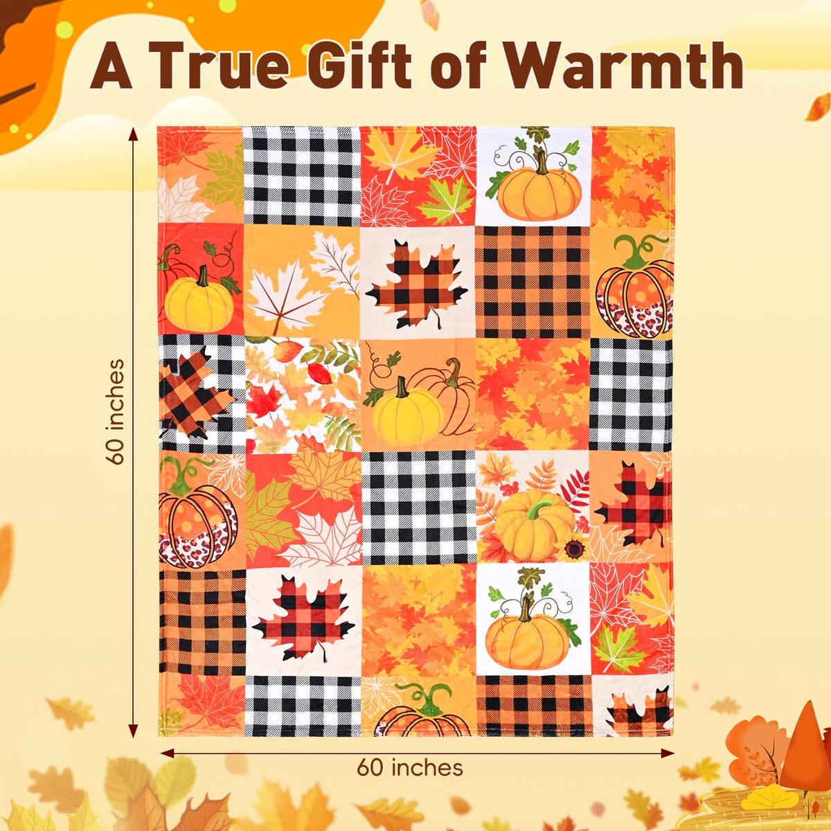 BLEUM CADE Fall Throw Blanket,Pumpkin Maple Leaves Plaid Blanket,Super Soft Flannel Throw Blankets for Bed Couch Sofa 50"x60"