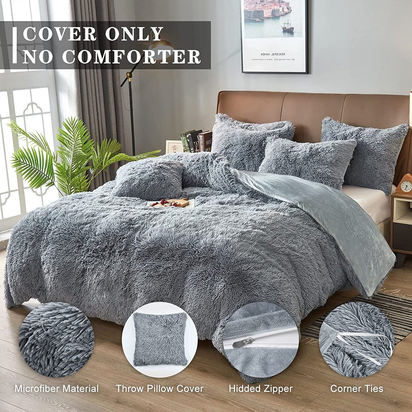 BLEUM CADE Luxury Fluffy Fuzzy Twin Bedding Comforter Set,3 Pieces Shaggy Duvet Cover Set,Furry Plush Velvet Comforter Cover with Zip Closure,Twin,Light Grey