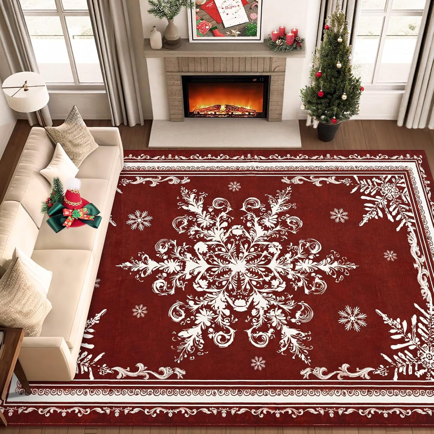 BLEUM CADE Christmas Snowflake Area Rugs 8'x10' for Living Room, Washable Rugs for Bedroom Dinning Room,Ultra Soft Non Slip Durable Large Carpet Christmas Decorations,Red
