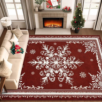 BLEUM CADE Christmas Snowflake Area Rugs 8'x10' for Living Room, Washable Rugs for Bedroom Dinning Room,Ultra Soft Non Slip Durable Large Carpet Christmas Decorations,Red
