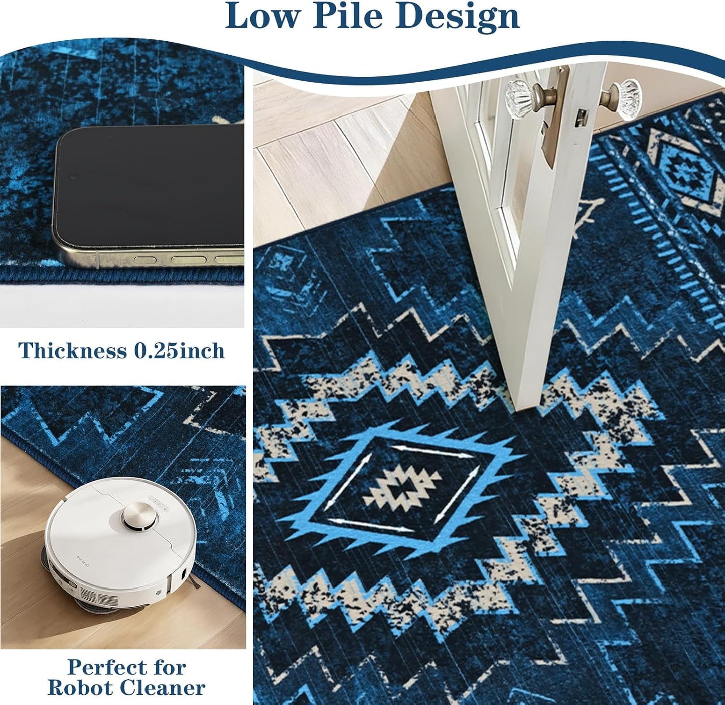 Bleum Cade Rugs for Living Room 5x7 Area Rug, Moroccan Washable Rugs for Bedroom, Non-Slip Boho Indoor Rug, Soft Low Pile Stain Resistant Geometric Floor Large Carpet Home Decor,Blue
