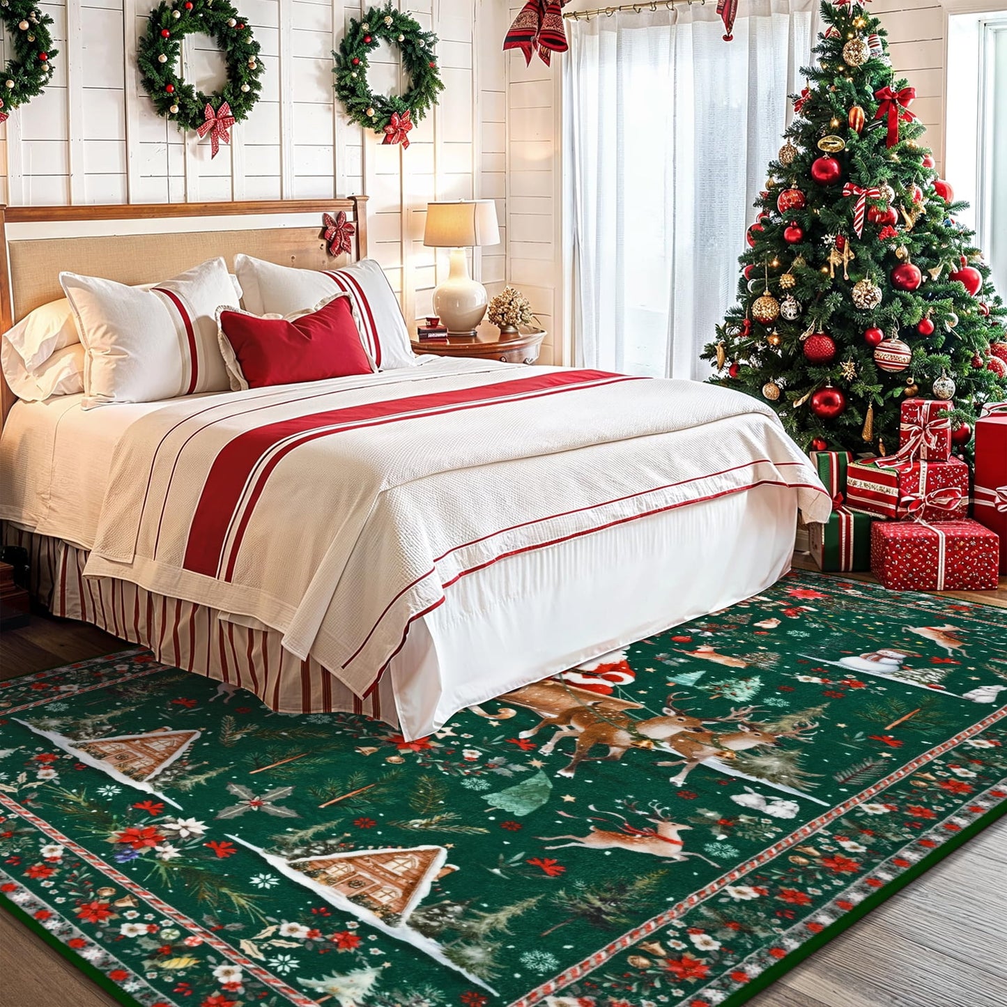 Bleum Cade Christmas Rugs for Living Room 5x7 Area Rug,Christmas Santa Washable Rugs for Bedroom,Soft Faux Wool Non Slip Bedroom Rugs,Winter Green Large Carpet for Dining Room,Christmas Decorations