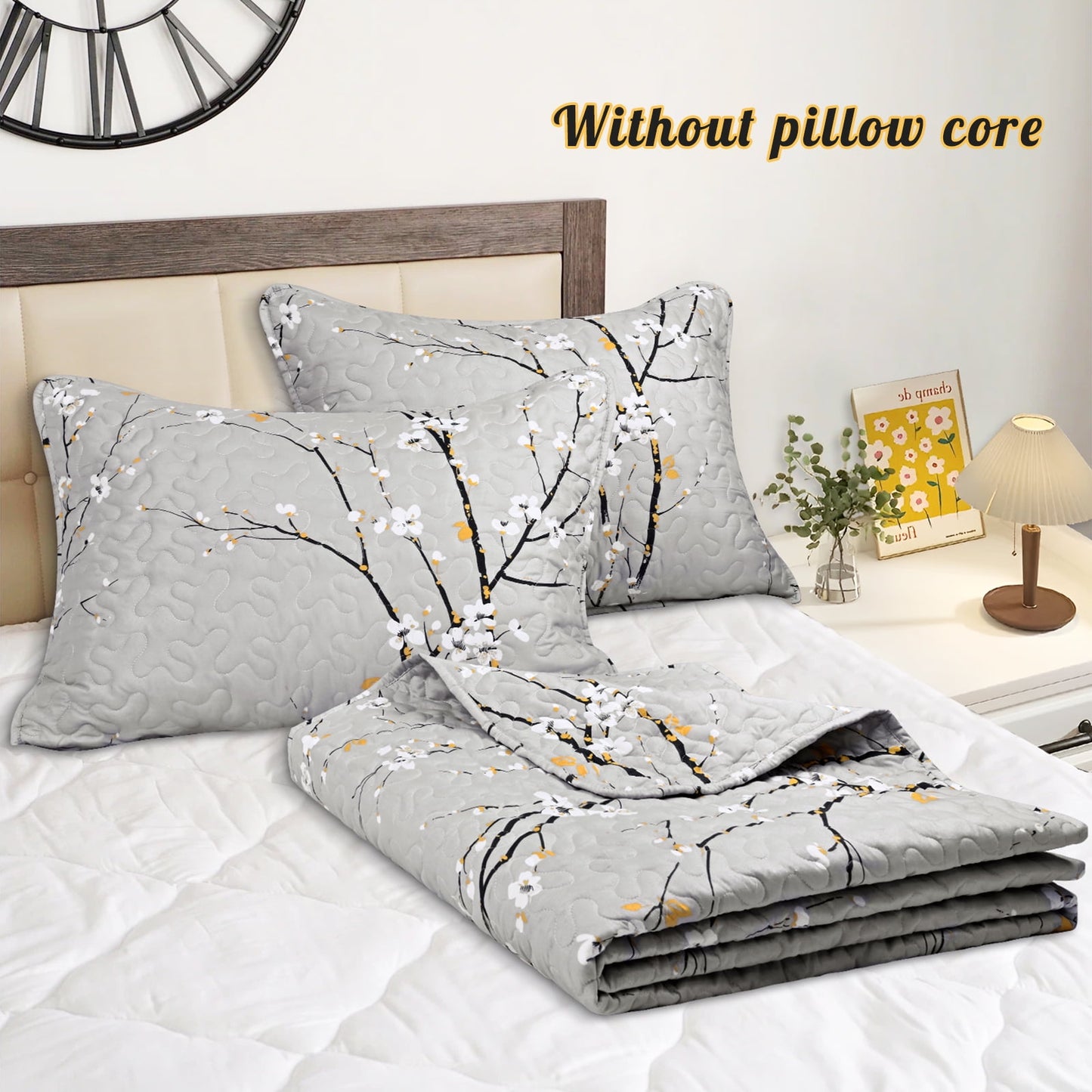 Bluem Cade Flower Quilt Set King Size,Lightweight 3 Pieces Gray Quilts Bedspread,Reversible Quilt Coverlets for All Season