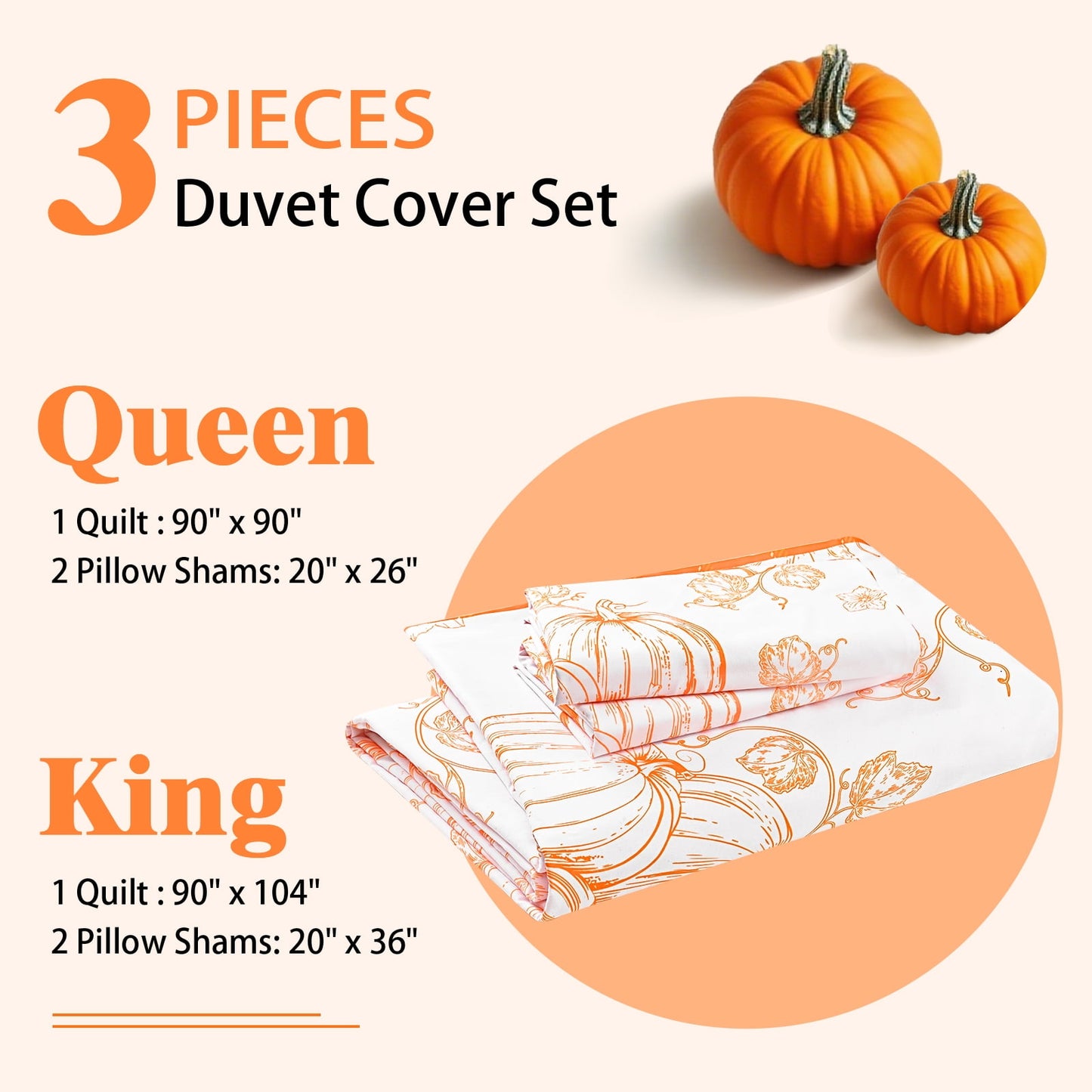 BLEUM CADE 3 Pieces Fall Duvet Cover Set,King Size Thanksgiving Pumpkins Lightweight Comforter Cover Set,Reversible Buffalo Plaid Bedding Cover Quilt Set