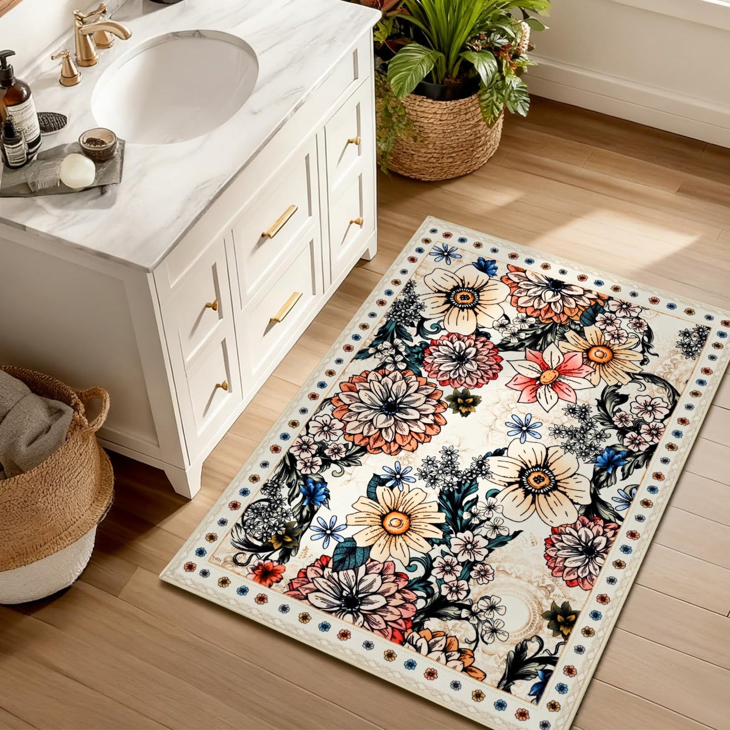 Bleum Cade Door Mat Indoor Entrance 2x3,Boho Floral Area Rug, Washable Rug for Entryway, Soft Faux Wool Non Slip Entryway Rugs Low Pile Throw Rugs for Kitchen, Laundry, Entry, Kids Room,White