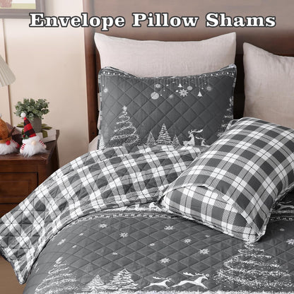 BLEUM CADE Christmas Quilt Set King Size, 3 Pieces Christmas Trees Reversible Quilt Bedding Set,Snowflakes Soft Lightweight Bedspread Coverlet Set (1 Quilt, 2 Pillow Shams)