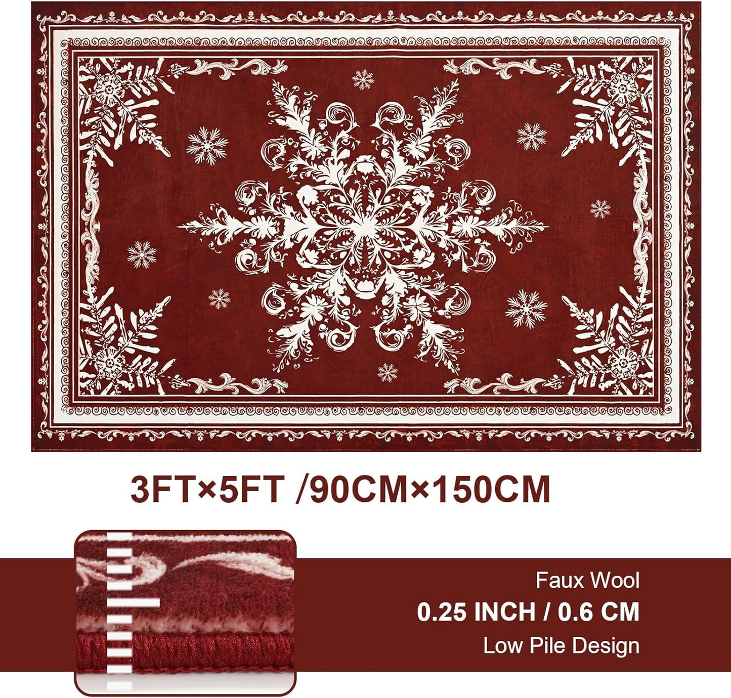 BLEUM CADE Christmas Snowflake 3x5 Area Rugs for Living Room,Non Slip Washable Rugs Low Pile Floor Mat Carpet,Holiday Christmas Decorations,Red