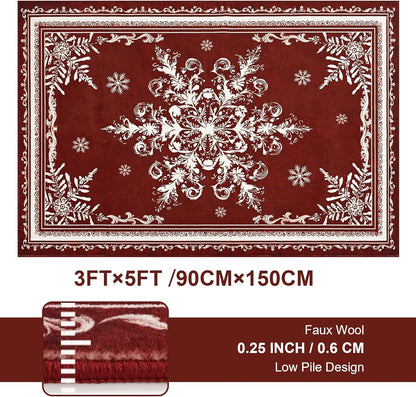 BLEUM CADE Christmas Snowflake 3x5 Area Rugs for Living Room,Non Slip Washable Rugs Low Pile Floor Mat Carpet,Holiday Christmas Decorations,Red