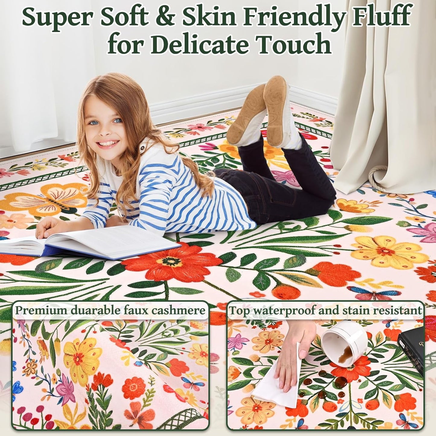 Bleum Cade Area Rugs for Doormat 2X3,Spring Boho Floral Rug, Machine Washable Non Slip Welcome Mat, Low Pile Carpet for Entryway, Kitchen, Front Door Indoor Entrance,Beige