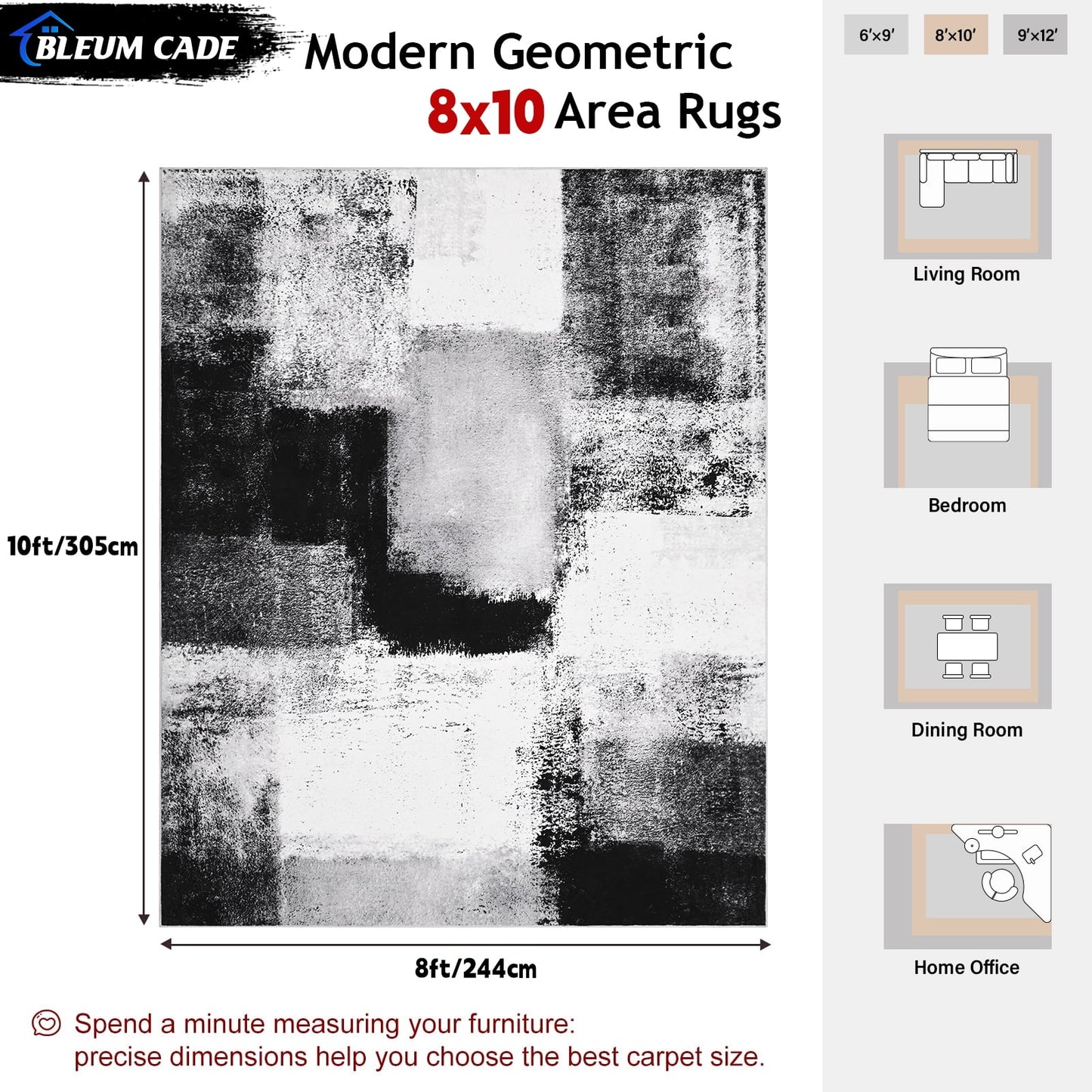 Bleum Cade 8x10 Large Area Rugs for Living Room, Modern Abstract Washable Rugs Non Slip, Bedroom Rug Soft Stain Resistant, Indoor Rugs Low Pile Carpet for Dining Room,Black