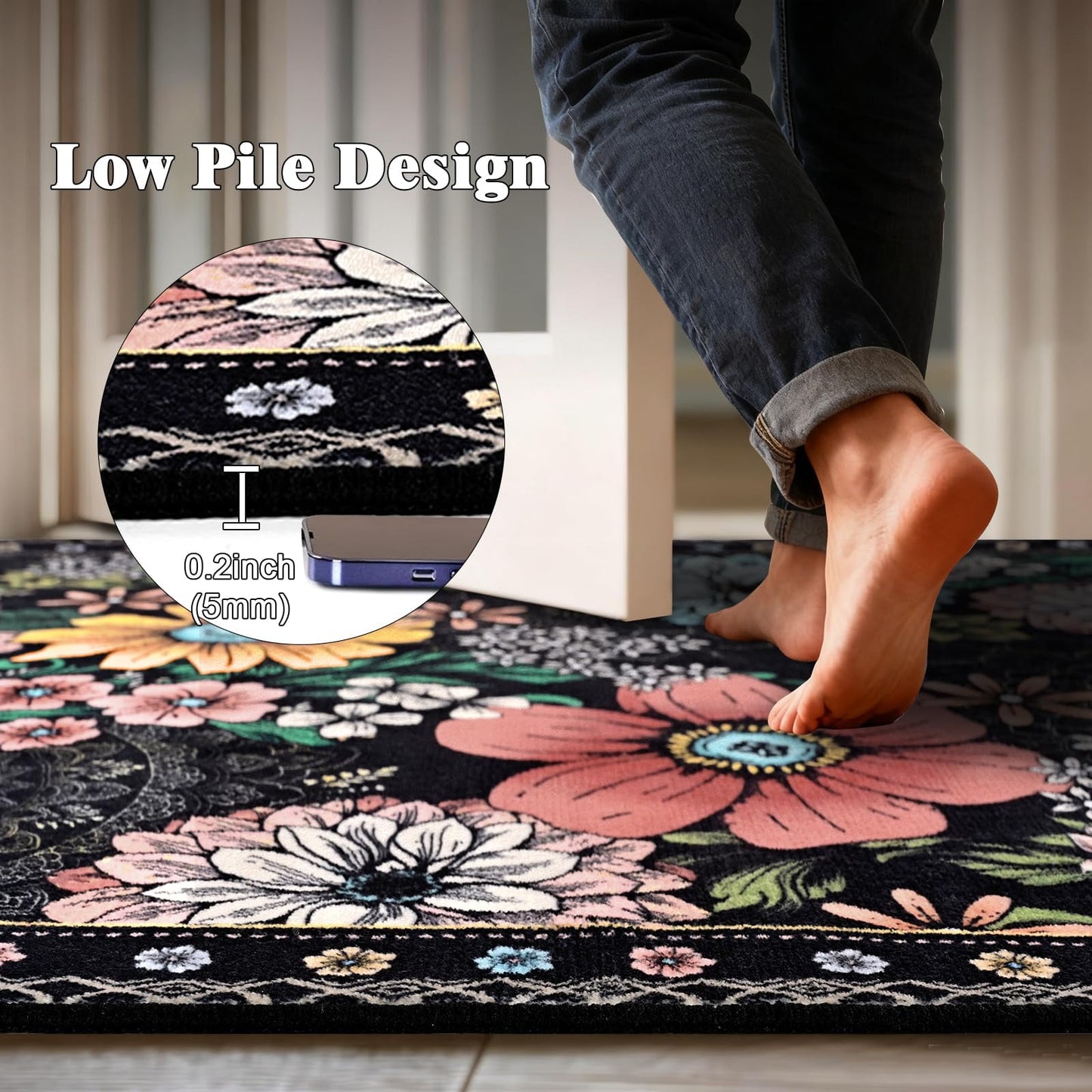 Bleum Cade Door Mat Indoor Entrance 2x3,Boho Floral Area Rug, Washable Rug for Entryway, Soft Faux Wool Indoor Throw Rugs for Kitchen, Laundry, Entry, Black