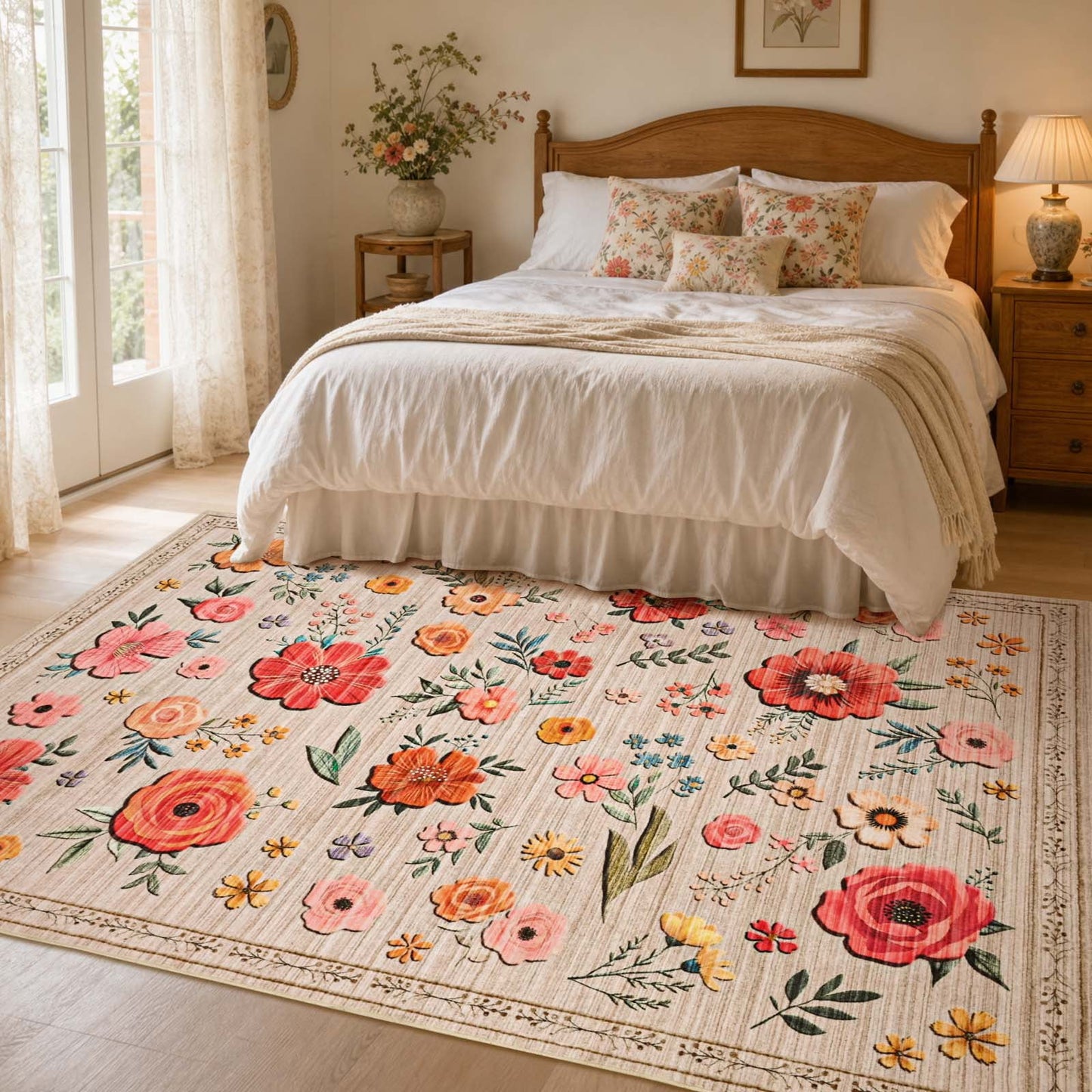 Bleum Cade 5'x7' Boho Floral Area Rugs for Living Room, Machine Washable Rug for Bedroom, Non Slip Low Pile Ultra Soft Faux Wool Rug Indoor Carpet for Dining Room