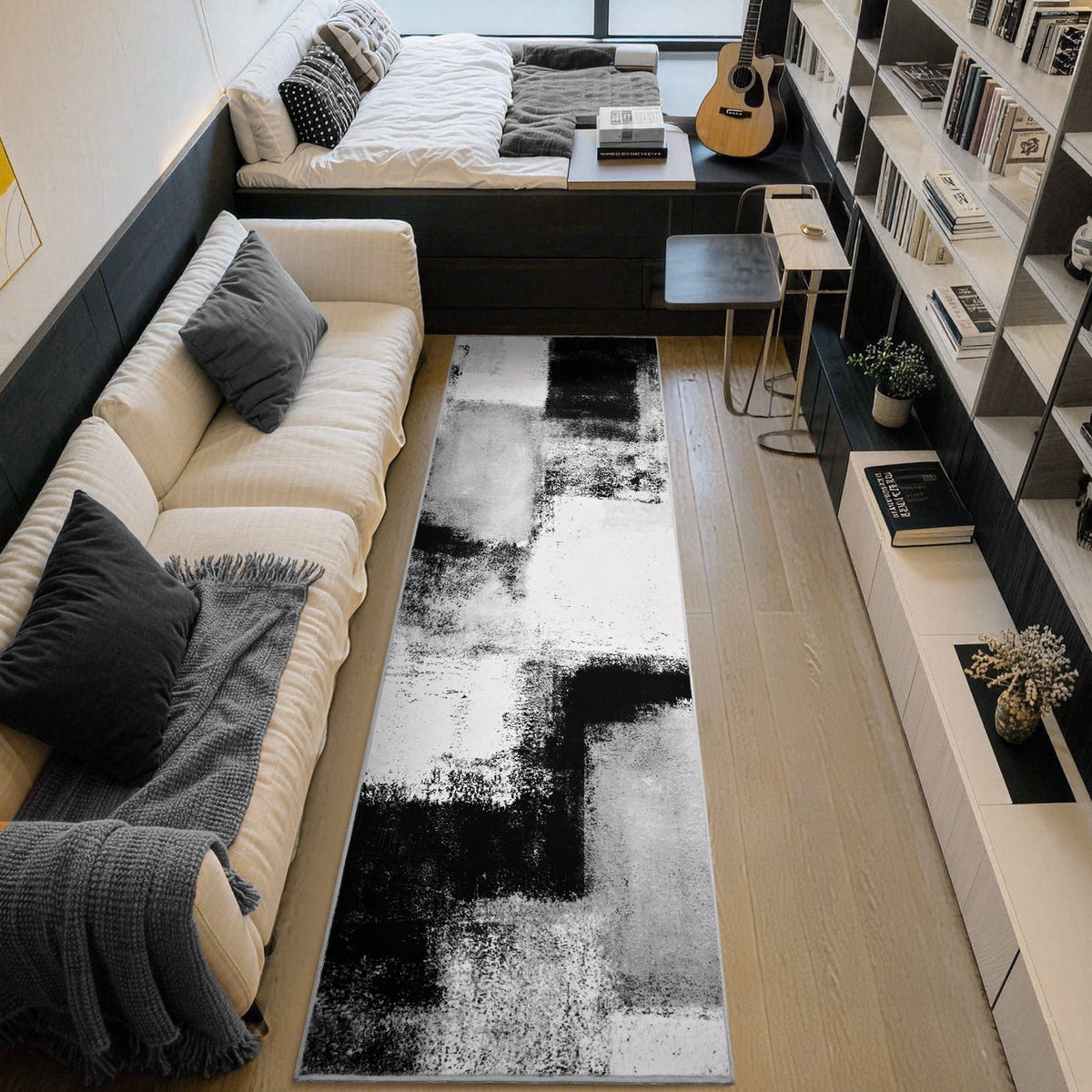 Bleum Cade Modern Abstract Patchwork Indoor Runner Rug for Living Room, 2'x 6' Rug, Throw Carpet for Office Entryway Dining Room,Black