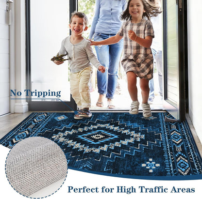 Bleum Cade Moroccan Bathroom Rug,Western Washable 2x3 Small Bath Mat, Boho Tribal Soft Non-Slip Geometric Entry Way Rug, Low-Pile Indoor Carpet for Bedside Entrance Laundry,Blue