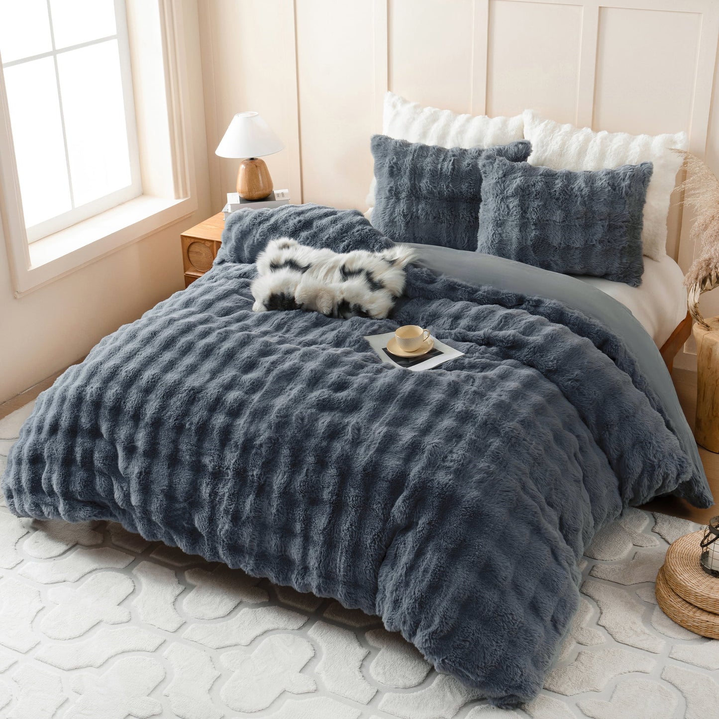 BLEUM CADE Fluffy Comforter Set King Size,Faux Fur Luxury Fuzzy Bedding Sets Gray,Shaggy Plush Duvet Cover Set with 2 Pillowcases