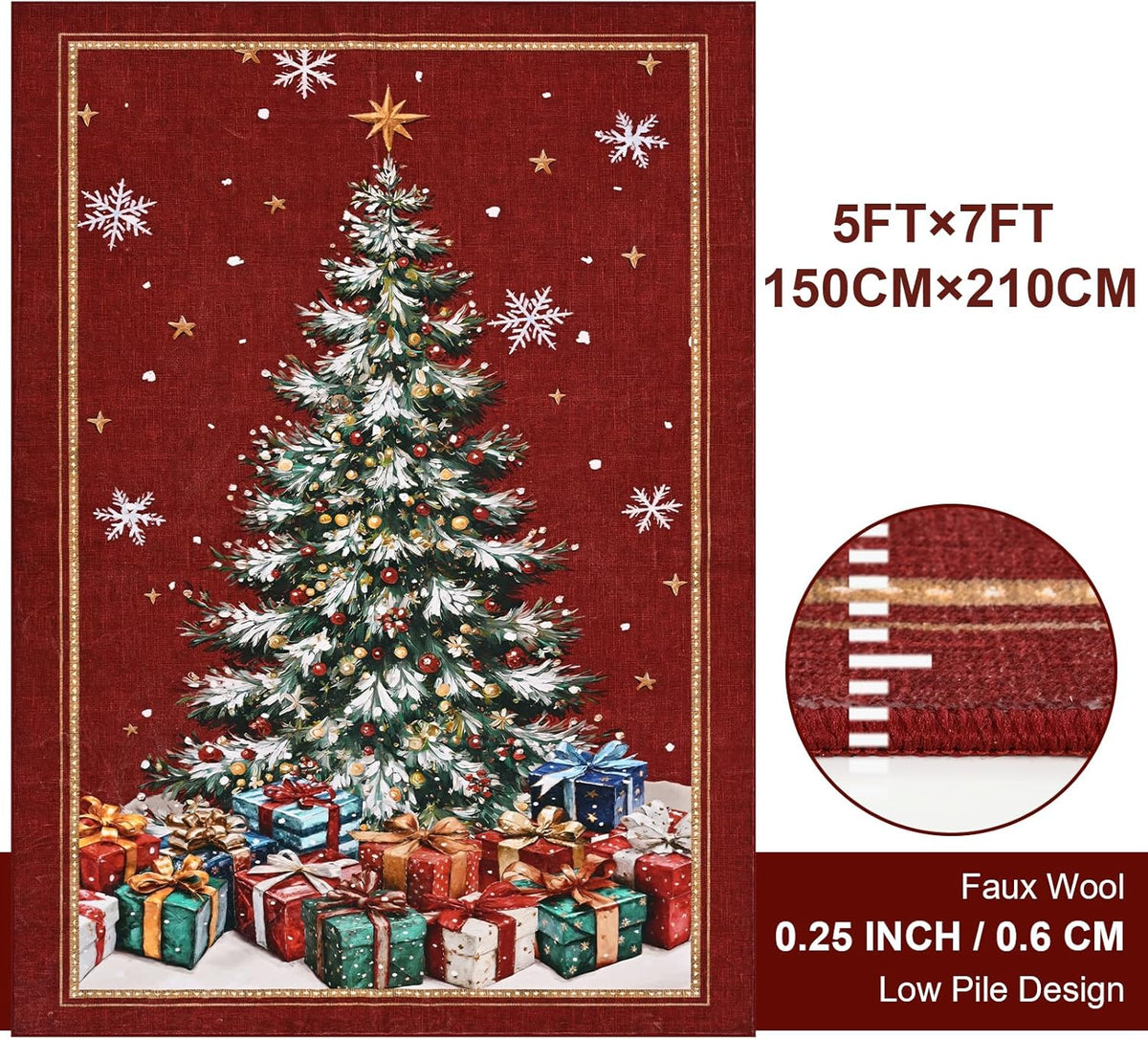 BLEUM CADE Christmas Tree 5'x7' Area Rugs for Living Room, Washable Rugs for Bedroom Dinning Room,Winter Red Rug Ultra Soft Non Slip Durable Large Carpet Christmas Decorations