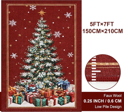BLEUM CADE Christmas Tree 5'x7' Area Rugs for Living Room, Washable Rugs for Bedroom Dinning Room,Winter Red Rug Ultra Soft Non Slip Durable Large Carpet Christmas Decorations