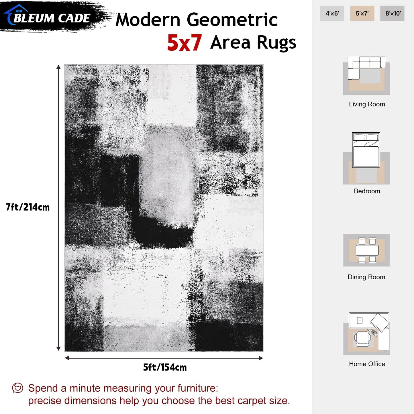 Bleum Cade 5x7 Abstract Area Rugs for Living Room, Modern Washable Rugs Non Slip Dining Room Rug, Soft Low Pile Bedroom Rug, Stain Resistant Indoor Rugs Carpet,Black