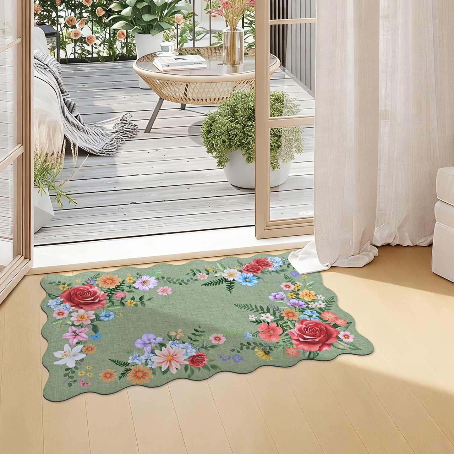 BLEUM CADE Spring Door Mat Low Profile Welcome Mat,Non Slip Rubber Backing Outside Door Mats Green Floral for Front Door,Patio,Entryway,18" x 30"