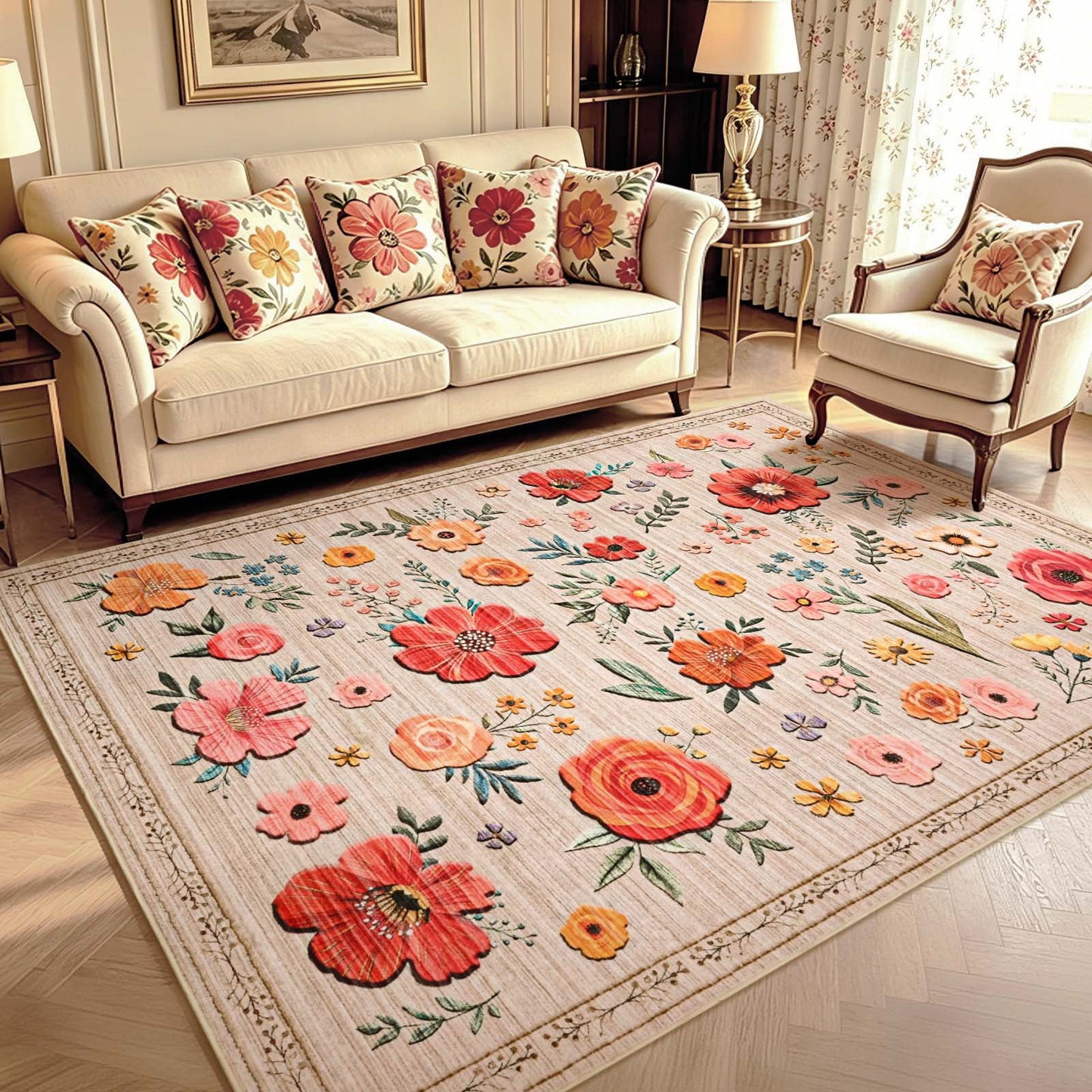 Bleum Cade 5'x7' Boho Floral Area Rugs for Living Room, Machine Washable Rug for Bedroom, Non Slip Low Pile Ultra Soft Faux Wool Rug Indoor Carpet for Dining Room