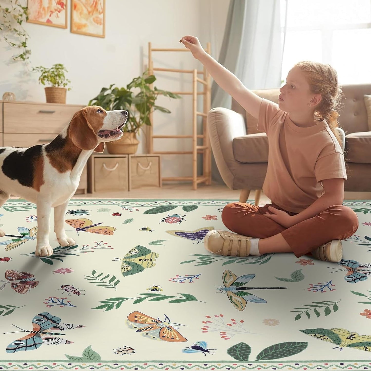 Bleum Cade 5'x7' Boho Area Rugs for Living Room, Machine Washable Foldable Indoor Rugs Carpet, Soft Lightweight Non Slip Large Rug for Bedroom Dining Room,Beige