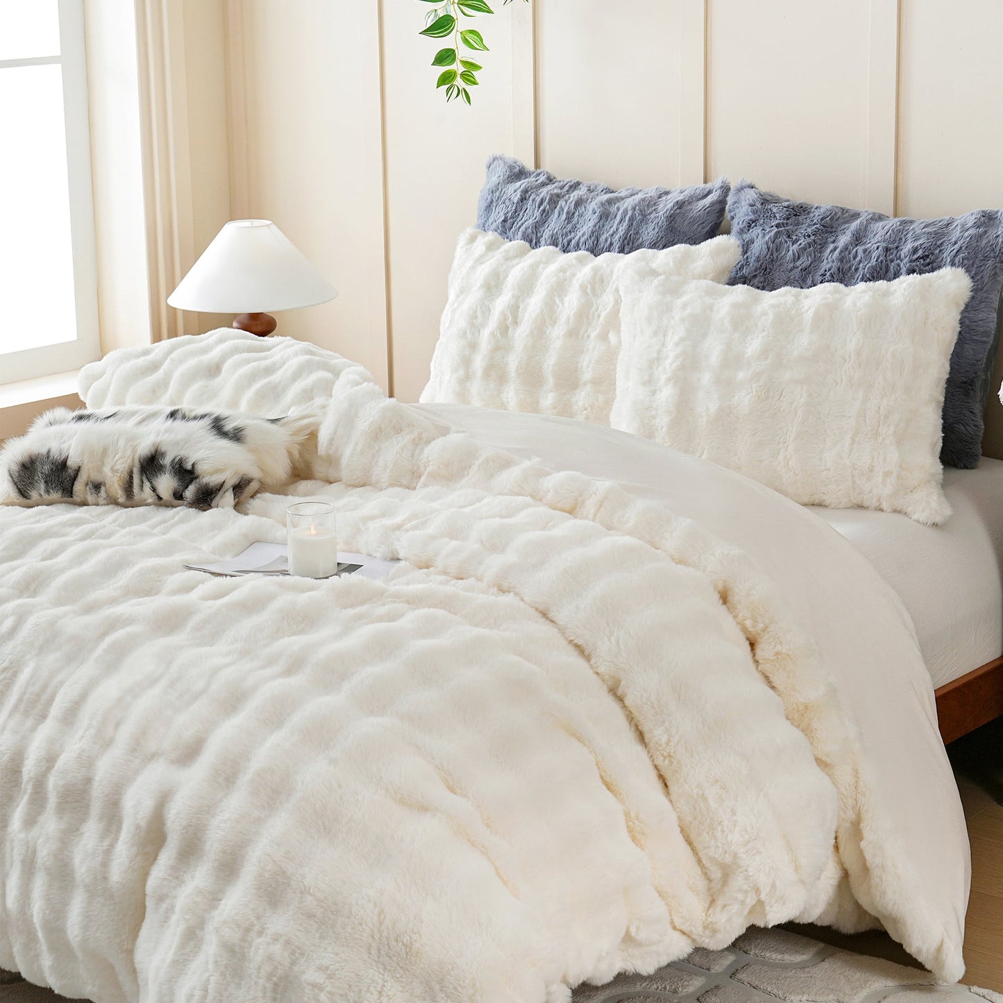 BLEUM CADE Faux Fur Comforter Set Queen Size Off-White,3 Piece Fluffy Fuzzy Soft Bedding Set,Shaggy Comforter with 2 Pillowcases