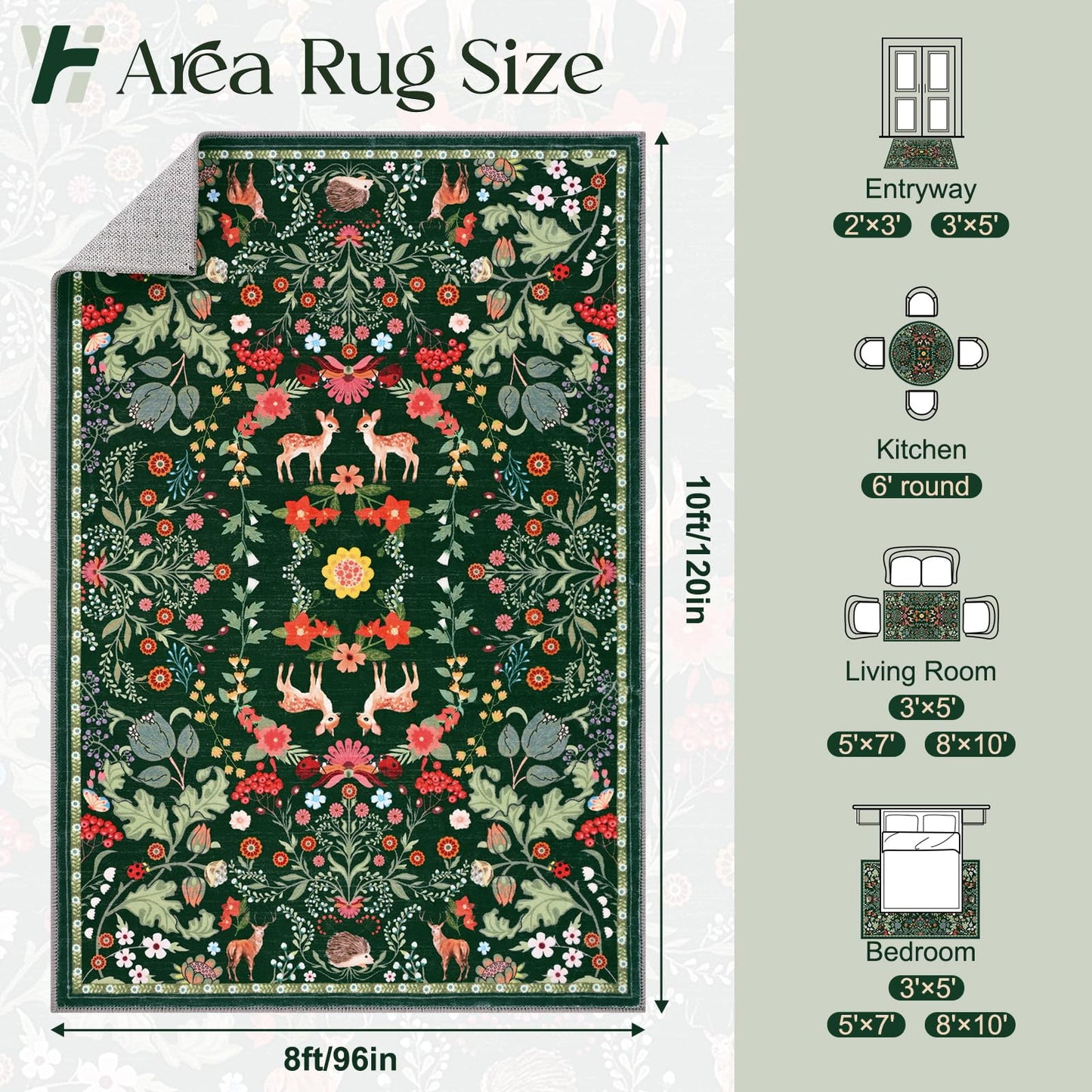 Bleum Cade 8x10 Area Rugs Floral Washable Rugs for Living Room Green Rug Non Slip Soft Low Pile Faux Wool Botanical Throw Rug for Bedroom, Dining Room, Office, Home Decor