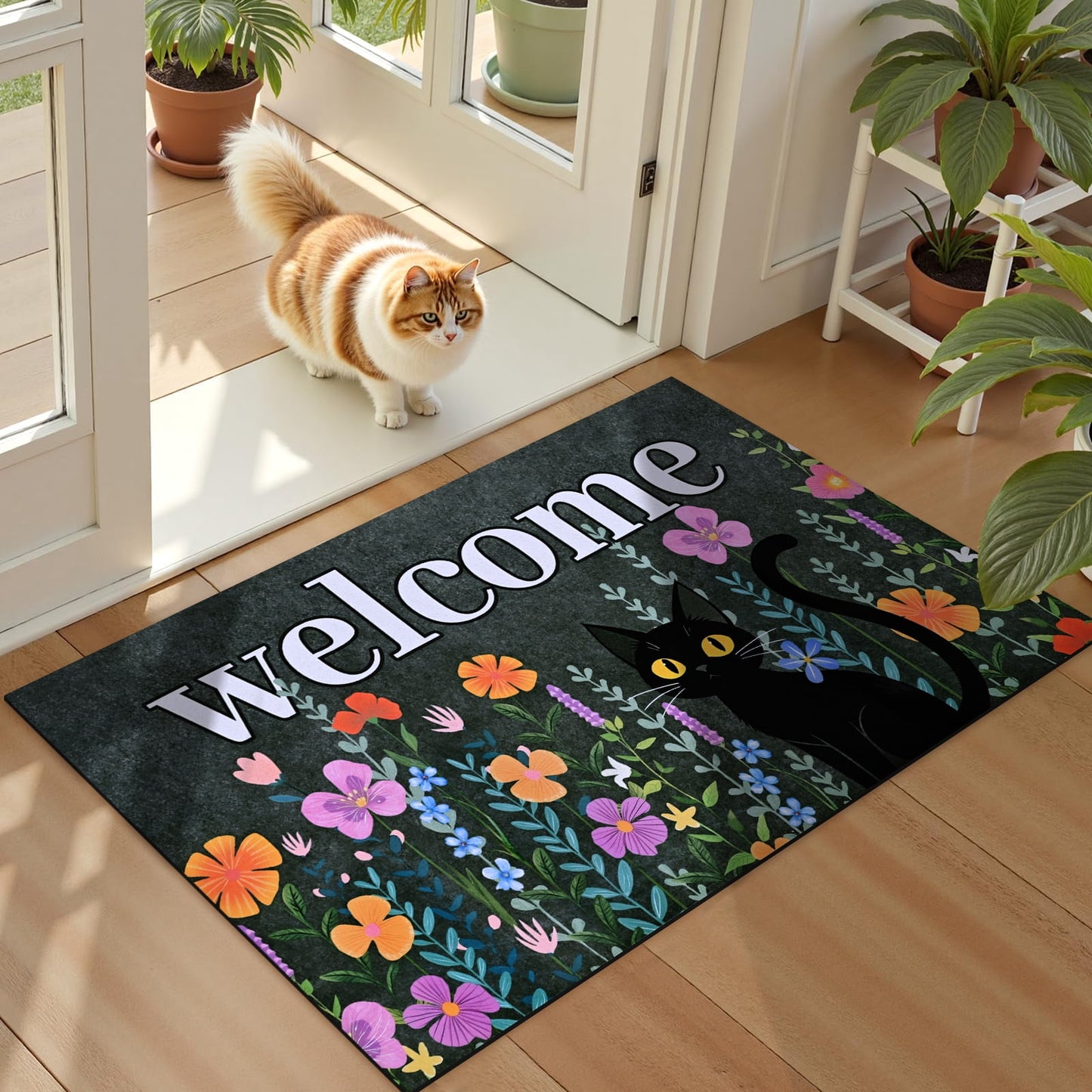 BLEUM CADE Black Cat Welcome Mat,Non Slip Low Profile Front Door Mat, Cat Floral Doormat for Front Door Porch Outdoor Patio,18" x 30"