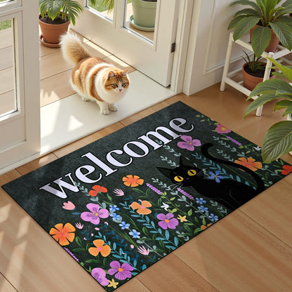 BLEUM CADE Black Cat Welcome Mat,Non Slip Low Profile Front Door Mat, Cat Floral Doormat for Front Door Porch Outdoor Patio,18" x 30"