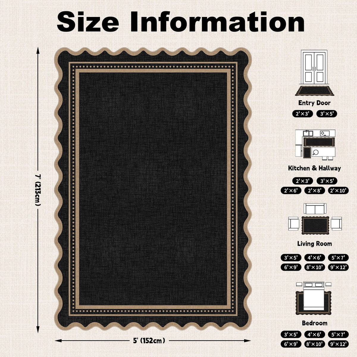 Bleum Cade Scalloped 5'x 7' Area Rug for Living Room,Washable Rug Solid Black Stain‑Resistant Carpet,Ultra Soft Low Pile Non Slip Rugs for Bedroom,Office,High Traffic Areas