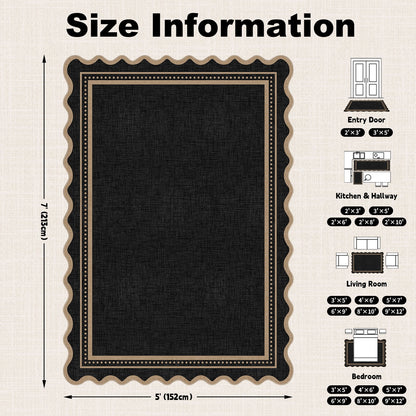 Bleum Cade Scalloped 5'x 7' Area Rug for Living Room,Washable Rug Solid Black Stain‑Resistant Carpet,Ultra Soft Low Pile Non Slip Rugs for Bedroom,Office,High Traffic Areas