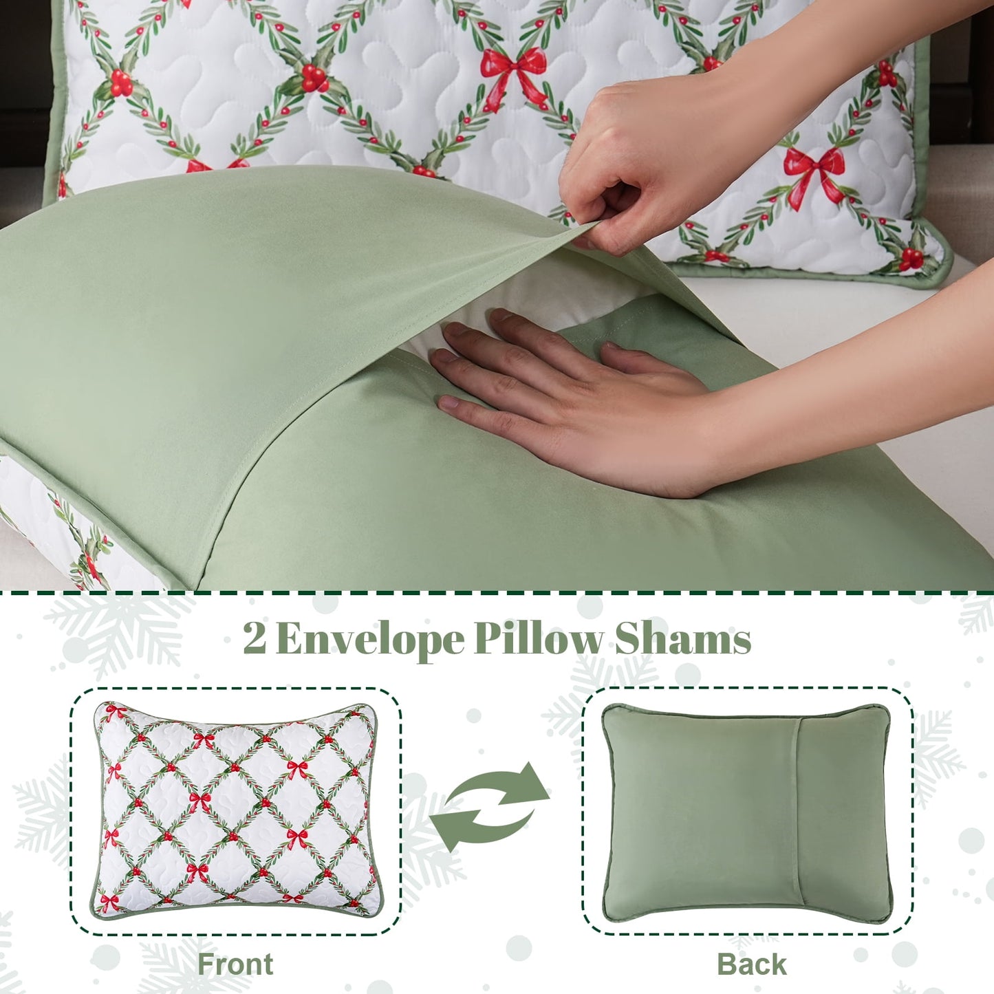 BLEUM CADE Christmas Quilts King Size 3 Piece, Bow & Festive Foliage Quilts Bedding Set, Christmas Decor Super Soft Bedspread Coverlet Set (1 Quilt, 2 Pillow Cases)