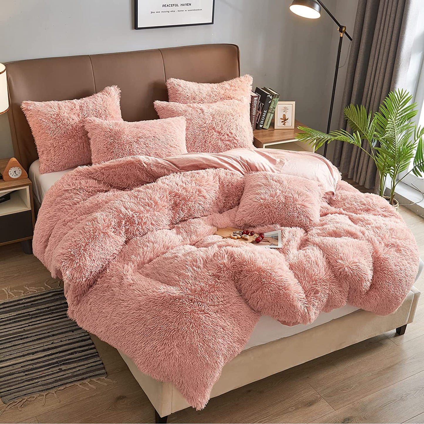 BLEUM CADE Luxury Fluffy Fuzzy Twin Bedding Comforter Set,3 Pieces Shaggy Duvet Cover Set,Furry Plush Velvet Comforter Cover with Zip Closure,Twin,Pink