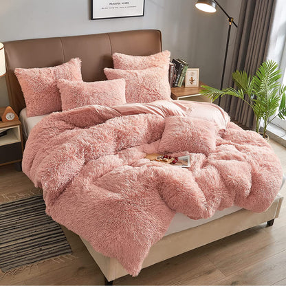 BLEUM CADE Luxury Fluffy Fuzzy Queen Bedding Comforter Set,4 Pieces Shaggy Duvet Cover Set,Furry Plush Velvet Comforter Cover with Zip Closure,Pink