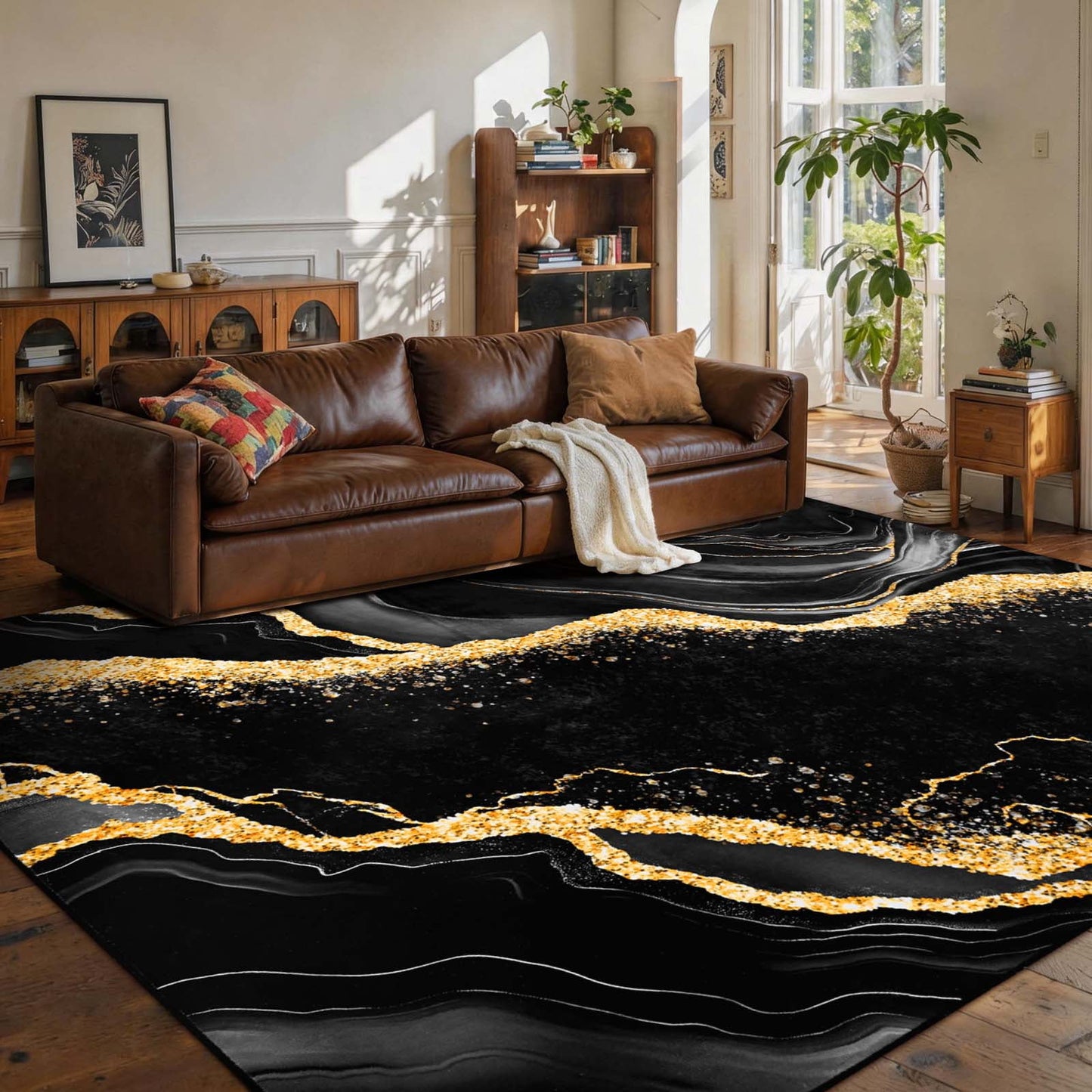 Bleum Cade 5'x7' Area Rugs for Living Room, Black Gold Marble Swirl Abstract Rug Ultra Soft Washable Rugs for Bedroom, Anti Slip Durable Carpet for Dining Room