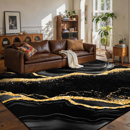 Bleum Cade 5'x7' Area Rugs for Living Room, Black Gold Marble Swirl Abstract Rug Ultra Soft Washable Rugs for Bedroom, Anti Slip Durable Carpet for Dining Room