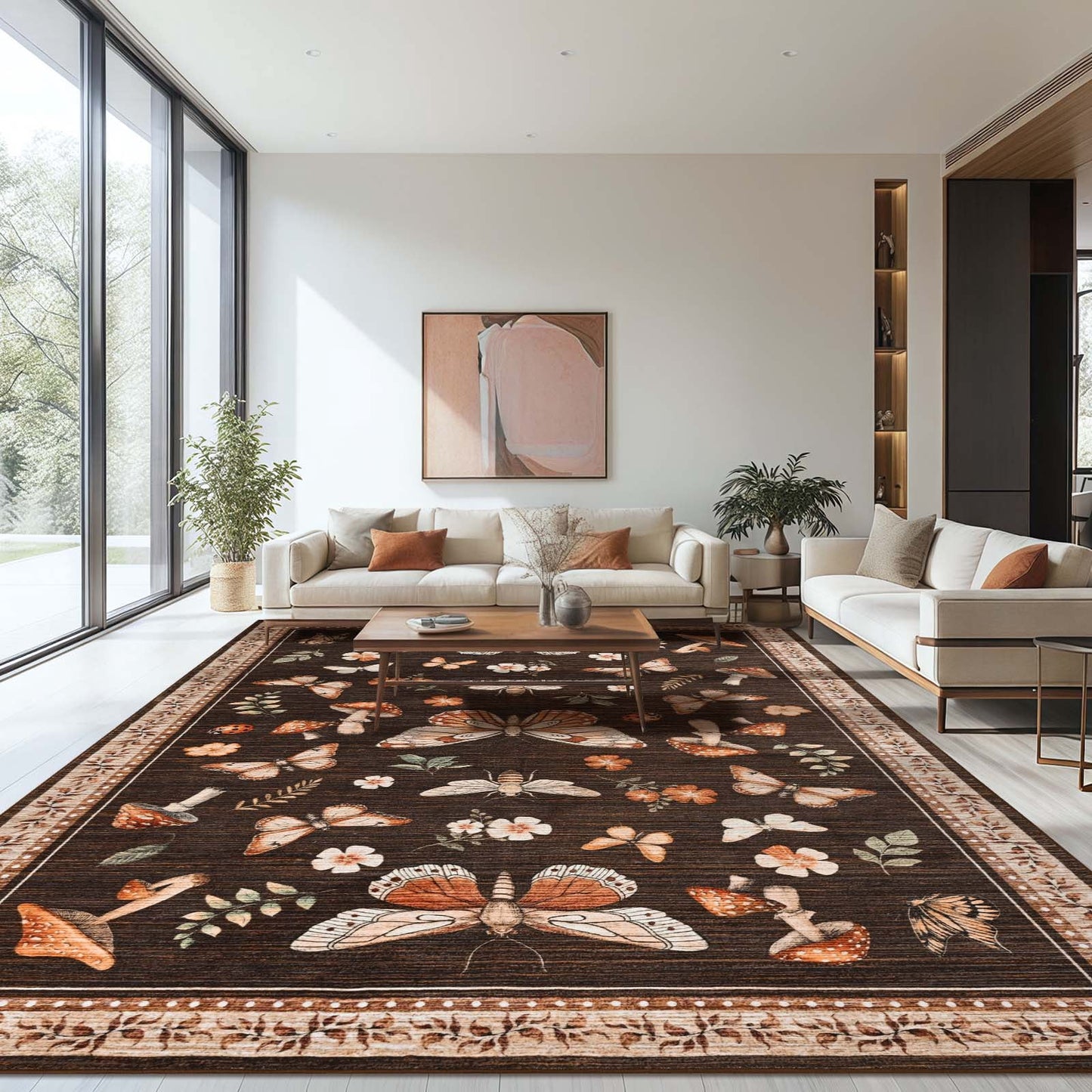 Bleum Cade 8'x10' Large Area Rugs for Living Room,Washable Rugs Butterfly Mushroom Rugs for Bedroom,Super Soft Low-Pile Non Slip Foldable Carpet for Office Nursery Dining Room,Brown