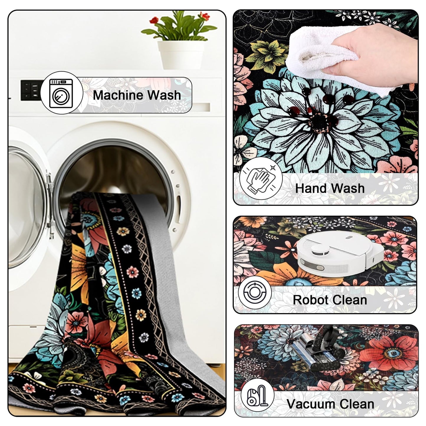 Bleum Cade Floral Area Rugs for Living Room 8x10, Boho Washable Rug, Soft Faux Wool Indoor Rug Carpet for Living Room Bedroom, Black