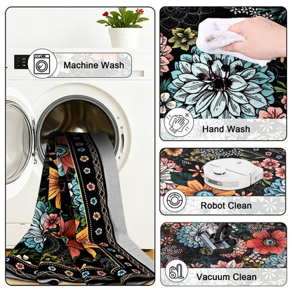 Bleum Cade Floral Area Rugs for Living Room 8x10, Boho Washable Rug, Soft Faux Wool Indoor Rug Carpet for Living Room Bedroom, Black